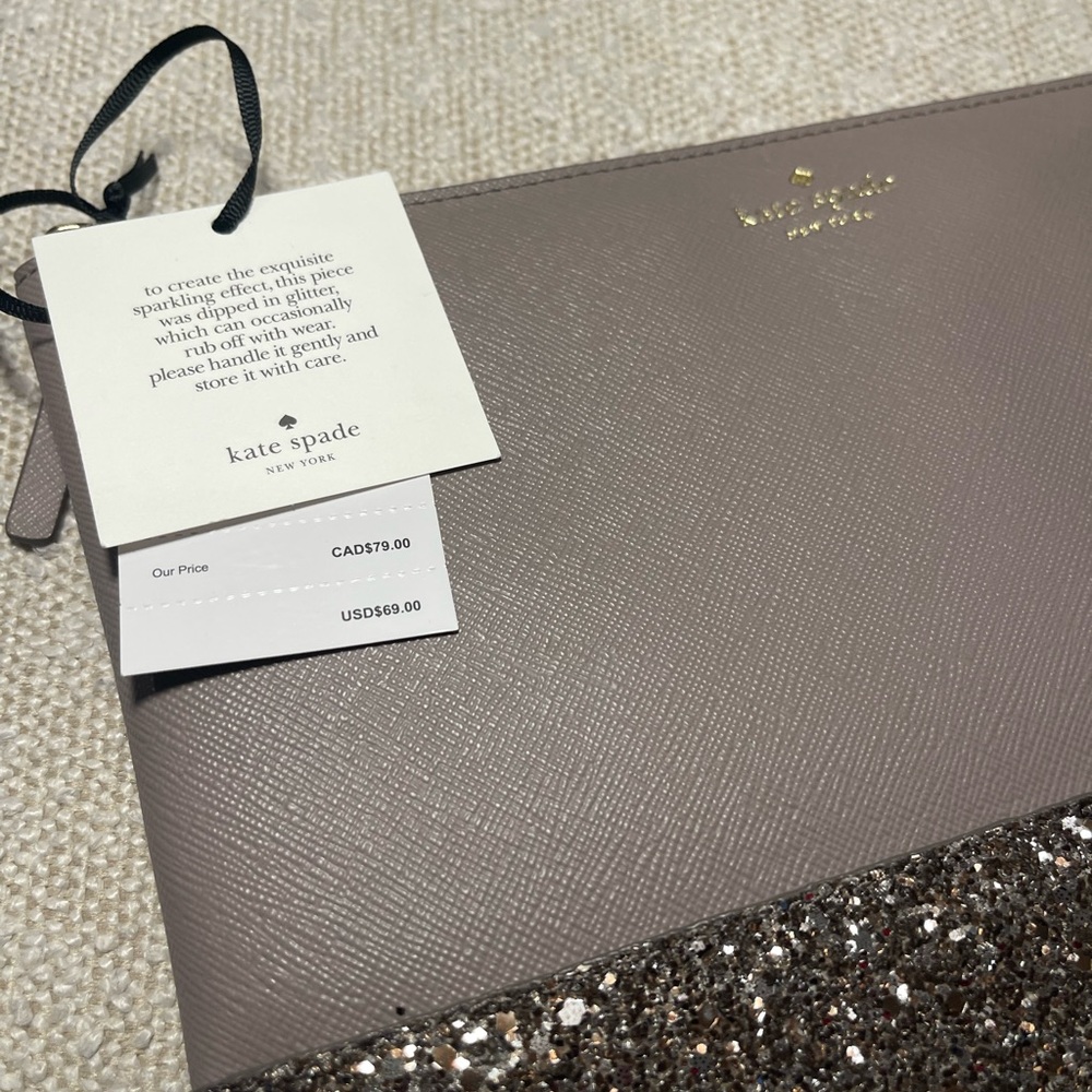 Kate Spade Taupe and Gold Glitter Pouch
